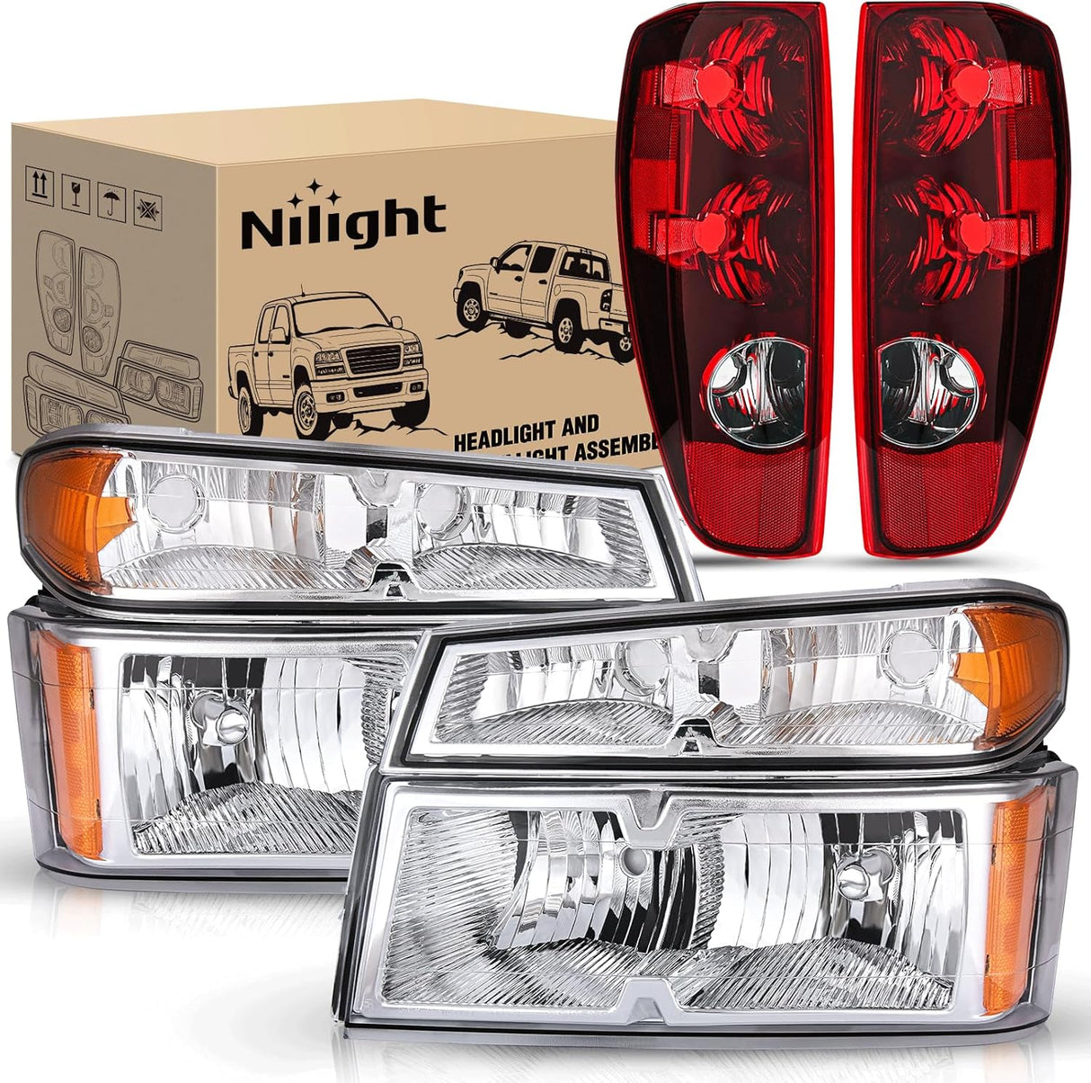Headlight and Taillight Assembly Combo Compatible with 2004 2005 2006 2007 2008 2009 2010 2011 2012 Chevy Colorado GMC Canyon OE Style Chome Housing Amber Reflector with Red Tail Light