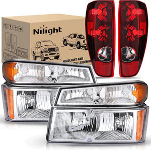 Headlight and Taillight Assembly Combo Compatible with 2004 2005 2006 2007 2008 2009 2010 2011 2012 Chevy Colorado GMC Canyon OE Style Chome Housing Amber Reflector with Red Tail Light
