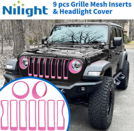 Grill Inserts fit for Jeep Wrangler Front Grille Inserts Headlight Cover Set for JL JLU Unlimited Sport SportS 2018 2019 2020 2021 2022 2023 Grille Bezels Trim Exterior Accessories Pink 9 Pcs
