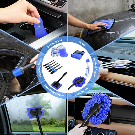 15PCS Car Detailing Kit Auto Cleaning Tools Wash Set with Storage Carry Bag Beginners Easy to Use for Interior Exterior Car Care Clean Windshield Dashboard Seat Air Vents Wheels Tires, Blue