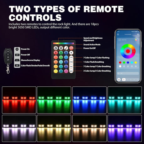 RGB LED Rock Lights Kit 4 PCS 18LED Wide Angle Wheel Well Light with Remote & Bluetooth App Dual Control Multi Modes Underglow Multicolor Neon Pod for ATV UTV SUV Offroad Truck RZR Boat
