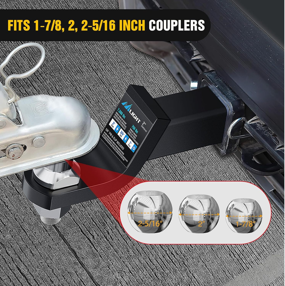 1-7/8 Inch, 2 Inch and 2-5/16 Inch Diameter Chrome Trailer Hitch Ball, Maximum Load Capacity Up to 8,000 lbs, 1- Inch Shank Universal Fit Gray