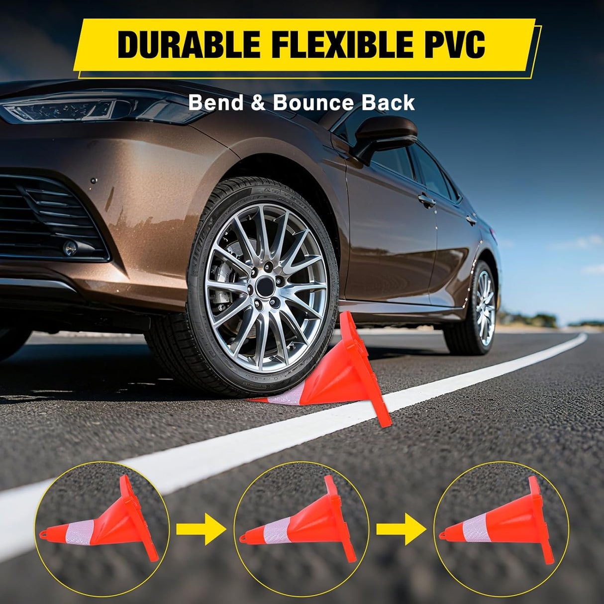 18 inch Traffic Safety Cones, 8  Pack Durable PVC Orange Cones with Reflective Collars for Road Safety, Parking, Construction Work, Sports Training