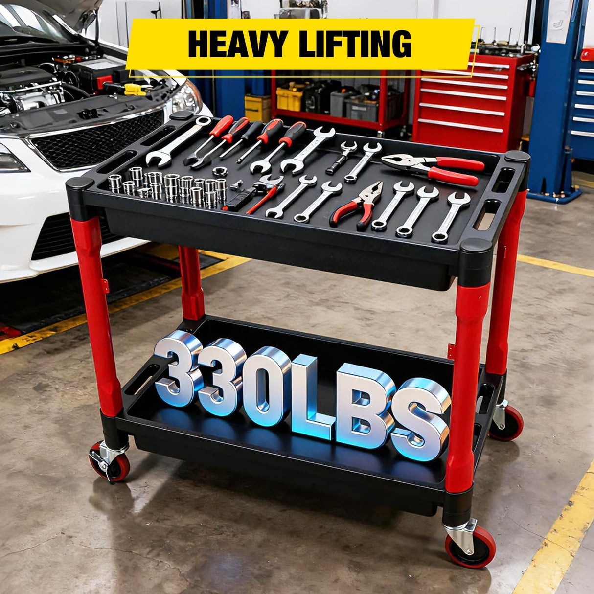 2-Tier Rolling Utility Cart with 4 Inch Swivel Wheels, Heavy-Duty Plastic Tool Cart for Auto Detailing, Garage & Workshop