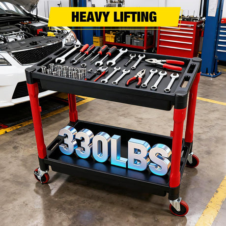 2-Tier Rolling Utility Cart with 4 Inch Swivel Wheels, Heavy-Duty Plastic Tool Cart for Auto Detailing, Garage & Workshop