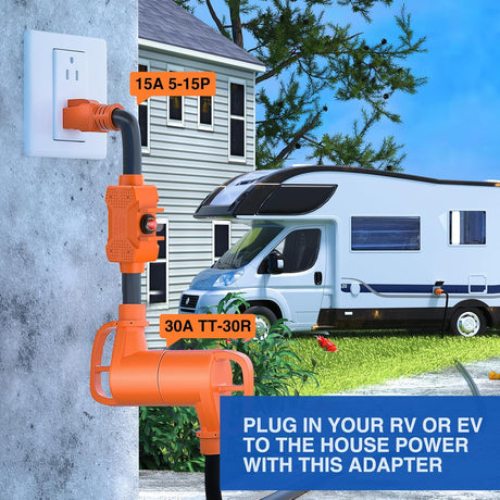 RV Power Adapter Cord with Circuit Breaker Overload Protector 15Amp to 30Amp Plug 110V Electrical 10 Gauge Wire ETL Listed 5-15P to TT-30R 15M/30F Waterproof for RVs Camper Caravan Van