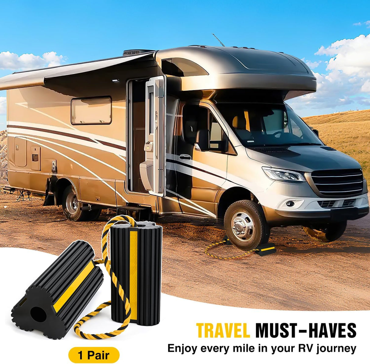 Wheel Chocks RV Car Heavy Duty Rubber Tire Chock Blocks Stopper Yellow Reflective Strips Stabilizer 2 Pack with Rope for RVs Cars Travel Trailers Campers Trucks Motorcycle Accessories Parking