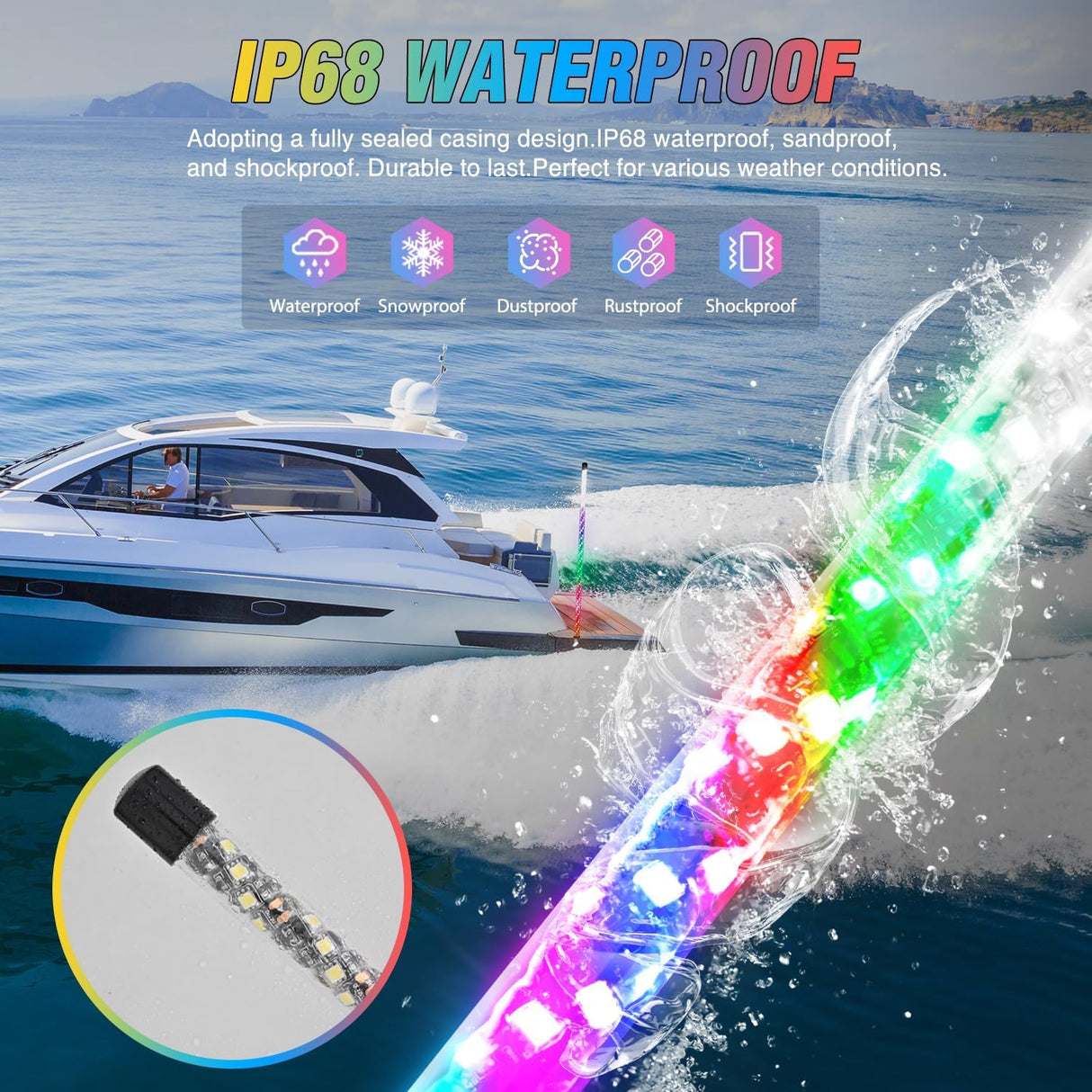 Boat Navigation Light 5FT Spiral LED Whip Lights 360° Visibility 2NM Coast Guard Compliant 400+ Patterns with Remote Plug-in Base Boats Stern Navlight for Night Fishing, Yacht, Pontoon