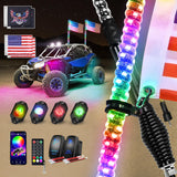 RGB LED Whip Light 2PCS 3FT with 4 Rock Lights Combo | APP and Remote Control with DIY Chasing Patterns Turn Signal Brake Reverse Functions and Spring Base for ATV UTV RZR and Jeep