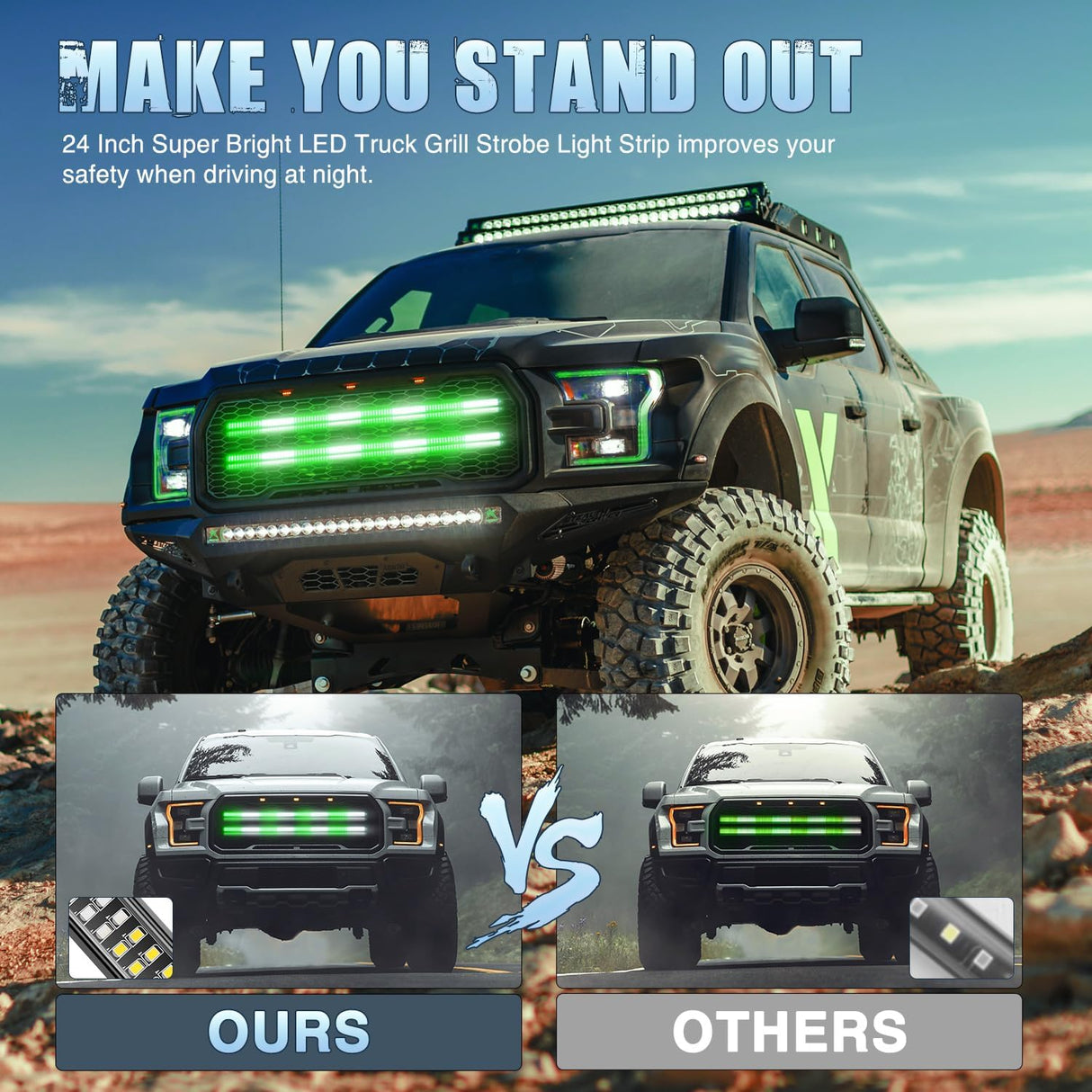 2PCS 24 inch Truck Grille Strobe Lights Strip 384 LED Emergency Light Green White Flexible Side Flashing Warning Caution Safety Waterproof Lighting Kit for Trucks Tow Plow Construction Vehicle