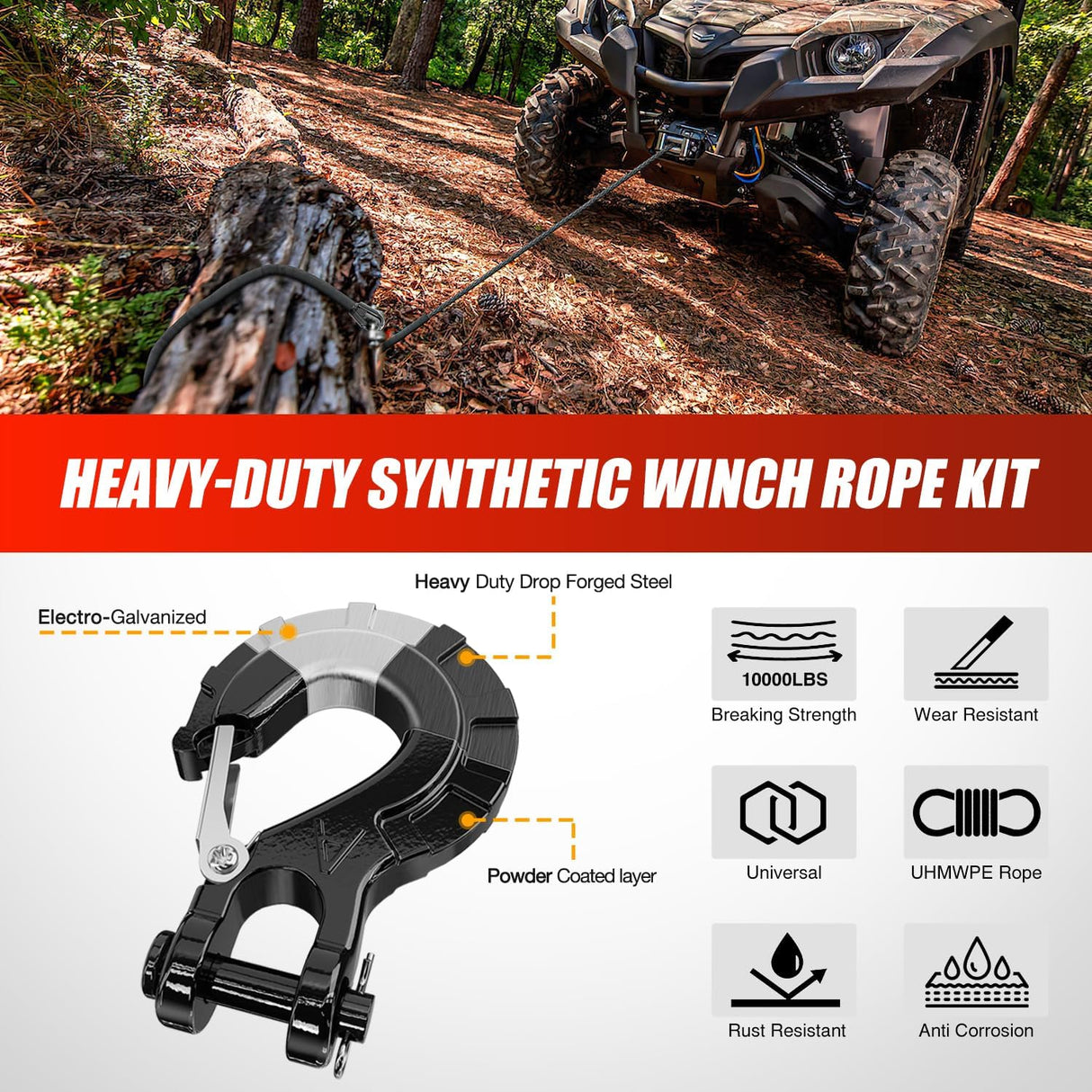 Winch Rope 1/4 Inch x 50 Ft Synthetic Winch Line Cable Kit Universal for ATV UTV Offroad Vehicle 10000 lbs Black Winch Line Ropes with Protective Sleeve+ Forged 35000lb Winch Hook+Safety Strap