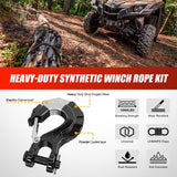 Winch Rope 1/4 Inch x 50 Ft Synthetic Winch Line Cable Kit Universal for ATV UTV Offroad Vehicle 10000 lbs Black Winch Line Ropes with Protective Sleeve+ Forged 35000lb Winch Hook+Safety Strap