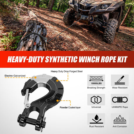 Winch Rope 1/4 Inch x 50 Ft Synthetic Winch Line Cable Kit Universal for ATV UTV Offroad Vehicle 10000 lbs Black Winch Line Ropes with Protective Sleeve+ Forged 35000lb Winch Hook+Safety Strap