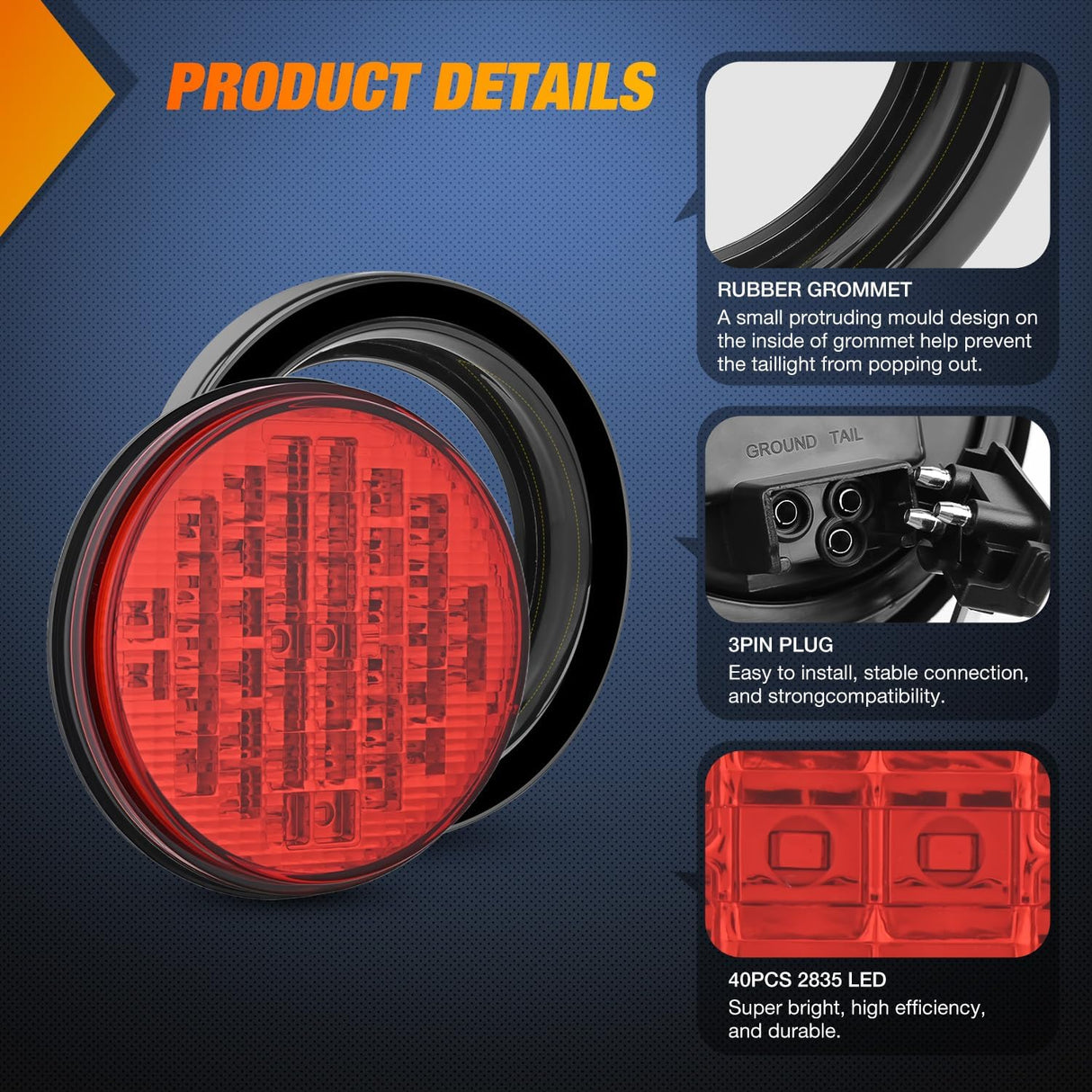 Trailer Tail Lights 2PCS 4Inch Round 40LED Red Stop Brake | Surface Mount Grommet IP67 Waterproof Marker Clearance Turn Signal Running Taillights for Trailer Truck Pickup Camper RV Bus