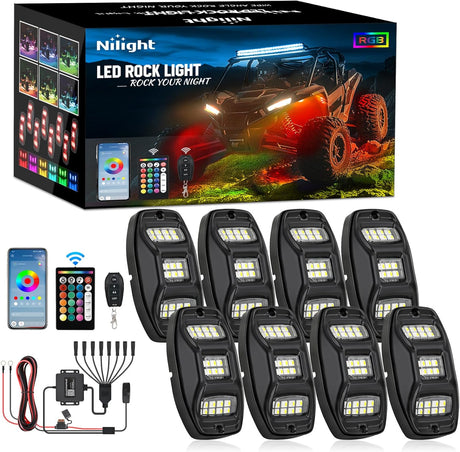 RGBW LED Rock Lights Kit, 8 Pods 22LED Wide Angle Remote & Bluetooth App Dual Control with Music Modes Multicolor Underglow Neon Wheel Well Light Fit for ATV UTV SUV Offroad Truck RZR Boat