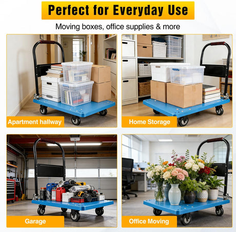 Platform Cart 330 lbs Heavy Duty Push Cart Dolly with 4-Inch TPR Wheels 27.6 x 19.7 Inch PP Deck Flatbed Cart Platform Truck for Home Garage Warehouse Use Black