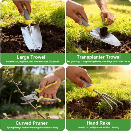 Gardening Tools 10-Piece Heavy Duty Garden Tool Set Gardening Supplies Gifts for Women Men Gardening Hand Tool Kit w Non-Slip Ergonomic Handle, Garden Bag, Durable Gloves, Pruning Shears, Gray