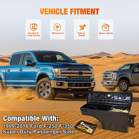Truck Bed Tool Box Right Passenger Side Truck Tool Box Fit for Ford F-250/350 Super Duty 1999-2016 ABS Swing Case Truck Bed Storage Box with Lockable Lid Waterproof Wheel Well Toolbox Balck