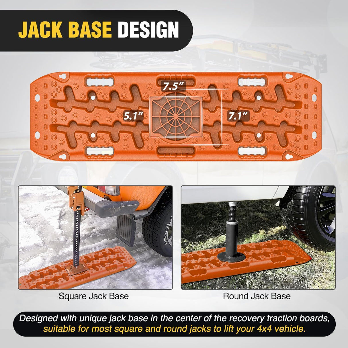 Off Road Traction Boards 4x4 Truck Jeep Recovery Tracks Mats Gear | Heavy Duty Tire Recovery Boards Mounting Kit With Round and Square Jack Lift Base for Truck Jeep SUV Mud Sand Dunes Snow