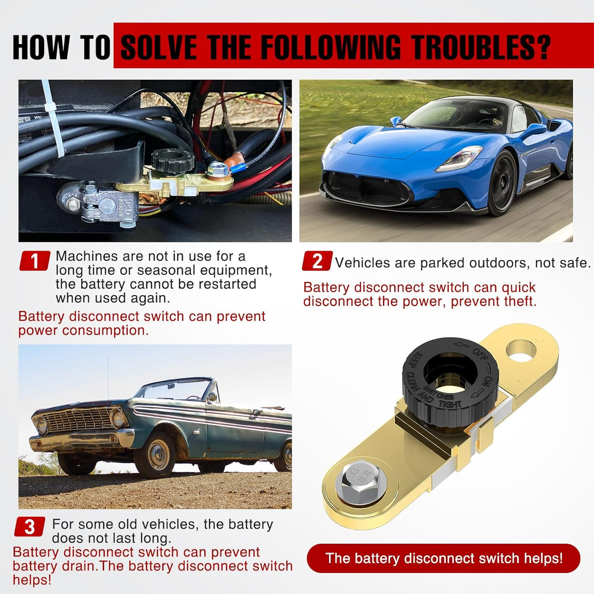 Side Post Battery Switch Heavy Duty 12DVC 125A Negative Kill Power Master Cut Off Isolator with Knob Quick Disconnect for Car Auto Truck Boat RV ATV