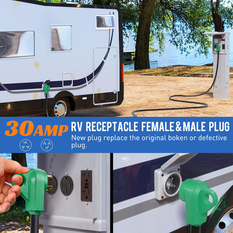 30 Amp RV Male and Female Plug Set 125 Volt Heavy Duty TT-30P and TT-30R Receptable ETL Listed for Electrical Camper Caravan Motorhome Van Trailer