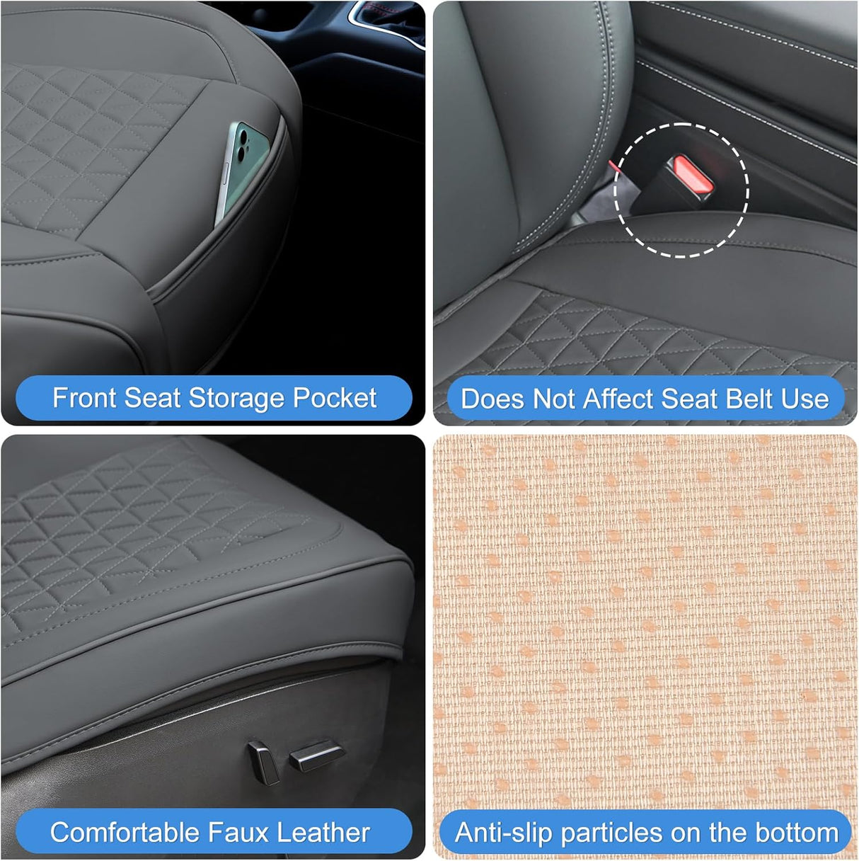 Car Seat Cushion Cover Gray Leather Front Seats Waterproof Anti-Slip with Storage Bag Wraps Bottom Fits Cars Sedan Van SUV Truck
