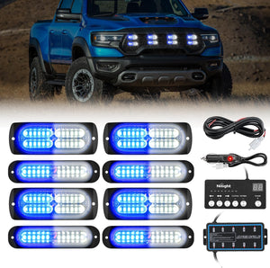 8PCS Led Strobe Lights with Controller 12V 24V Sync Feature Blue White Emergency Hazard Warning Light 12 24 LED Surface Mount for Vehicle Car Truck RV ATV