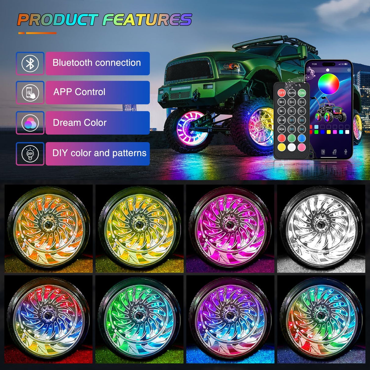 4PCS 17.5inch Double Row Wheel Ring Lights Dream Color with APP and Remote Control Neon Lights w/Turn Signal and Braking Function Dual Row for Car Van SUV Truck
