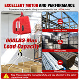 3-in-1 Electric Hoist Winch, 660LBS 1500W Portable Power Winch Crane with Manual Wired Wireless Remote Control, 110V Electric Winch 33FT/Min Speed 39FT Height for Garage Warehouse Factory, Red