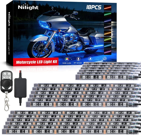 18PCS Motorcycle RGB Led Light Kit Waterproof Multi Color Atmosphere Neon Accent Lights Lamp with RF Wireless Remote for Harley Davidson Honda Kawasaki Yamaha Suzuki