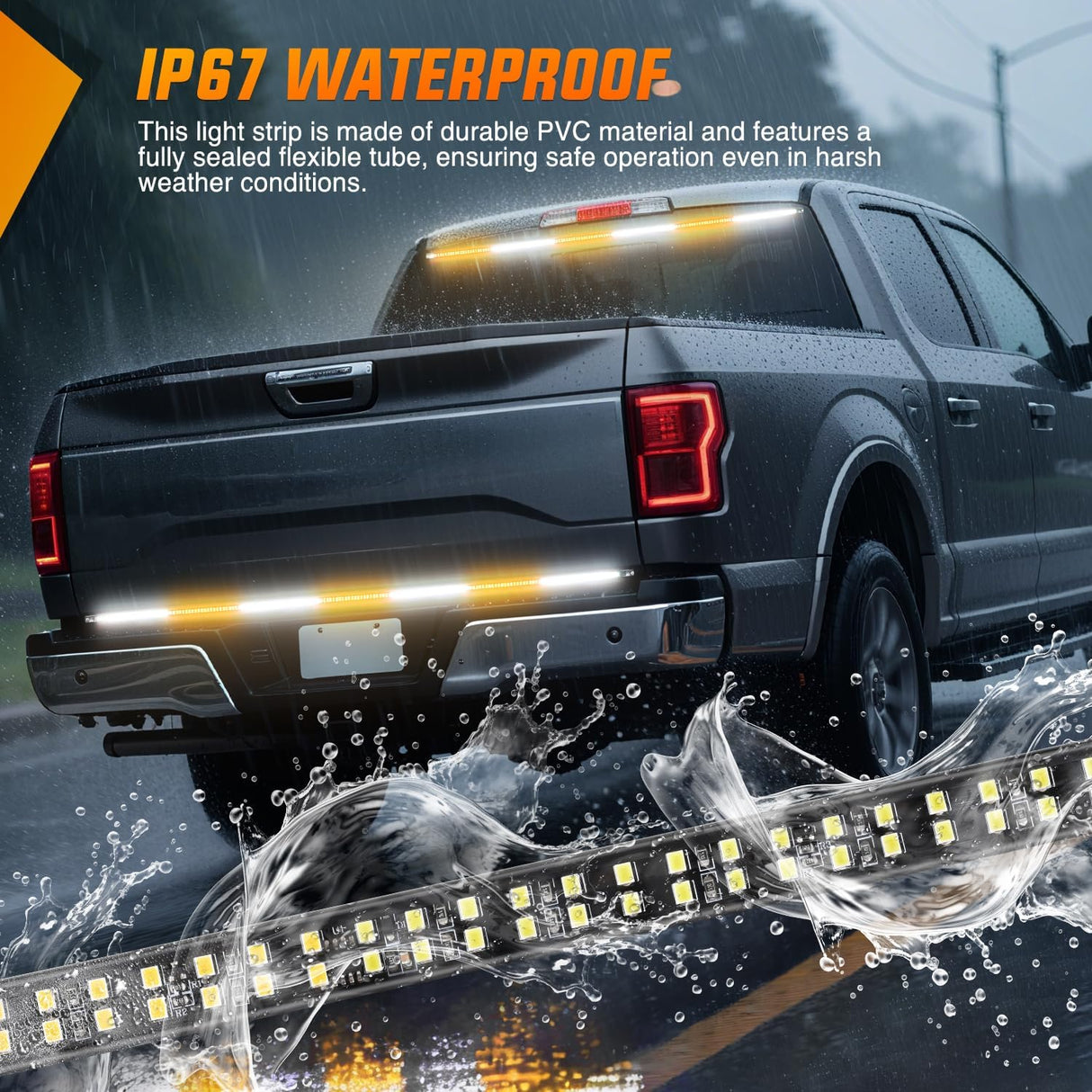 60 Inch Truck Tailgate Strobe Light Strip Tail Emergency Bar Rear Window Warning Lamp Ultra-Bright Double Row 360 LED for Pickup Trailers Construction Vehicles Car SUV, Amber White