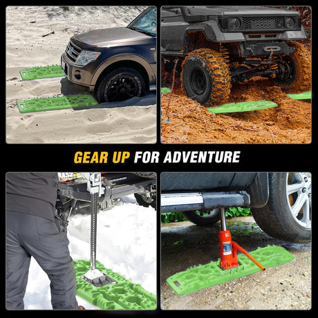 Recovery Off-road Traction Boards with Jack Lift Base Emergency Tire Ladder Mats For 4WD 4X4 Mud Sand Snow with 2PCS Mounting kit Carry Bag 2 leashes (Green)
