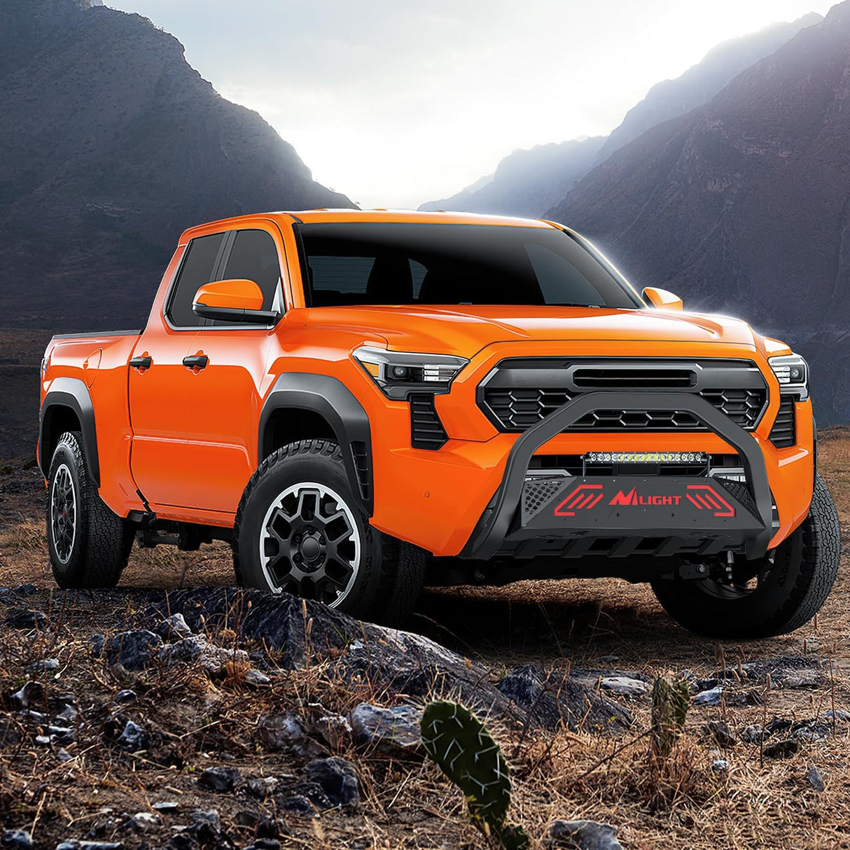 Bull Bar with Light Bar&License Plate Hole Compatible with Toyota Tacoma 2024 2025 2026 Truck Brush Guard, Front Bumper Push Bar w/Grille Skid Plate Light Mount