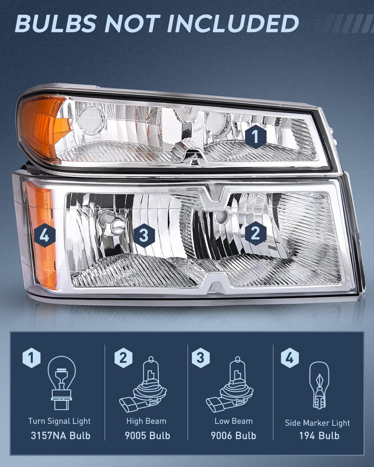 Headlight and Taillight Assembly Combo Compatible with 2004 2005 2006 2007 2008 2009 2010 2011 2012 Chevy Colorado GMC Canyon OE Style Chome Housing Amber Reflector with Red Tail Light