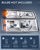 Headlight and Taillight Assembly Combo Compatible with 2004 2005 2006 2007 2008 2009 2010 2011 2012 Chevy Colorado GMC Canyon OE Style Chome Housing Amber Reflector with Red Tail Light