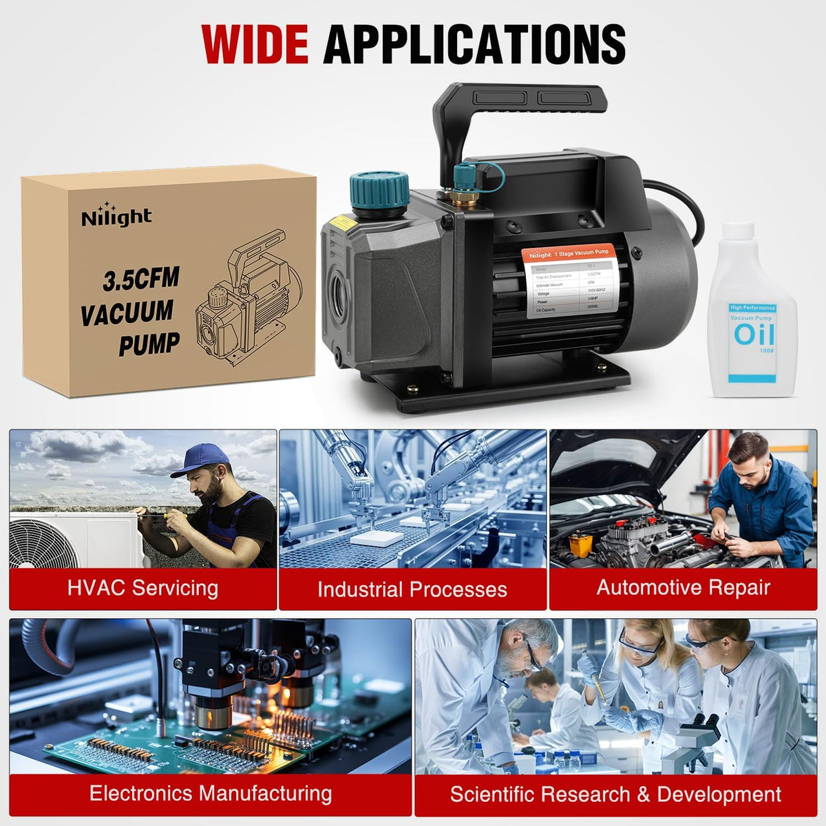 HVAC Vacuum Pump, 3.5 CFM 1/4 HP 110V Single Stage AC Vacuum Pumps Kit for R22 R404a R134a R410a 5 Pa Ultimate Vacuum for Auto Air Conditioning Servicing Refrigerant Recharging, Oil Included