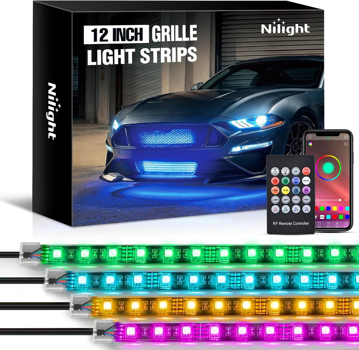 4PCS 12 Inch RGB LED Grille Light Strips with APP & Remote Control | 72 LEDs Multi Color Exterior Lighting Kit DIY Sound Active Function Music Mode for Cars Van SUV Truck