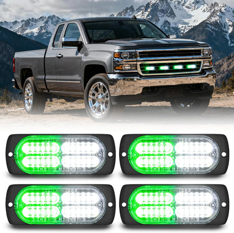 4PCS 24LED Emergency Strobe lights 12V 24V Green White Surface Mount Grille Hazard Safety Warning Light Sync Feature Side Flashing Marker Flash for Car Truck Campers