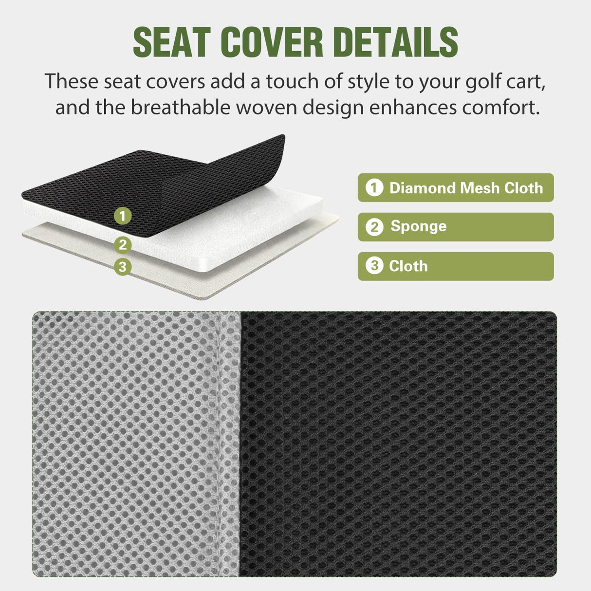 Golf Cart Seat Covers 2PCS Grey Black Club Car DS Yamaha | Breathable Sandwich Mesh Sun Scratch Resistant Washable No Staple Fits 1982-2000 Club Car DS Yamaha G22 G19 G16 G9 G2
