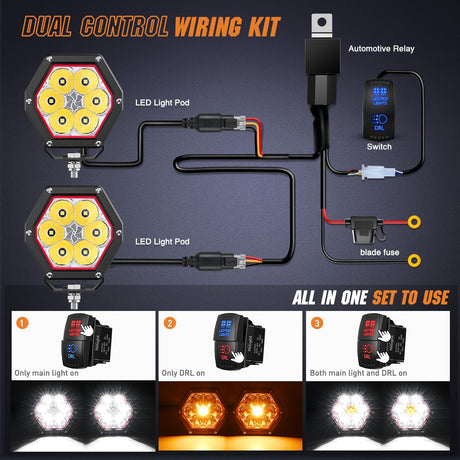 LED Pod Lights with Amber DRL 4 Inch 30 W Hexagon Offroad Driving 2600 LM Super Spot Light 16 AWG Wiring Harness Kit for LED Auxiliary Work Lights for Truck UTV ATV SUV 4x4
