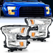 2015 2016 2017 Ford F150 Headlight Assembly Chrome Housing Amber Reflector Upgraded Clear Lens