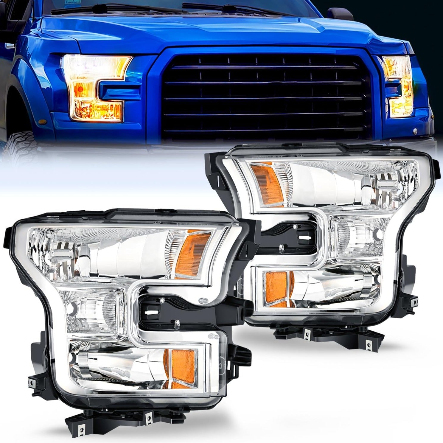 2015-2017 Ford F150 Headlight Assembly Chrome Housing Amber Reflector Upgraded Clear Lens Nilight