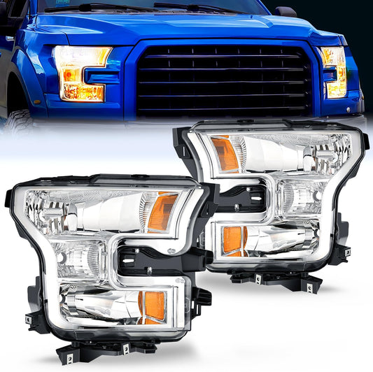 2015-2017 Ford F150 Headlight Assembly Chrome Housing Amber Reflector Upgraded Clear Lens Nilight