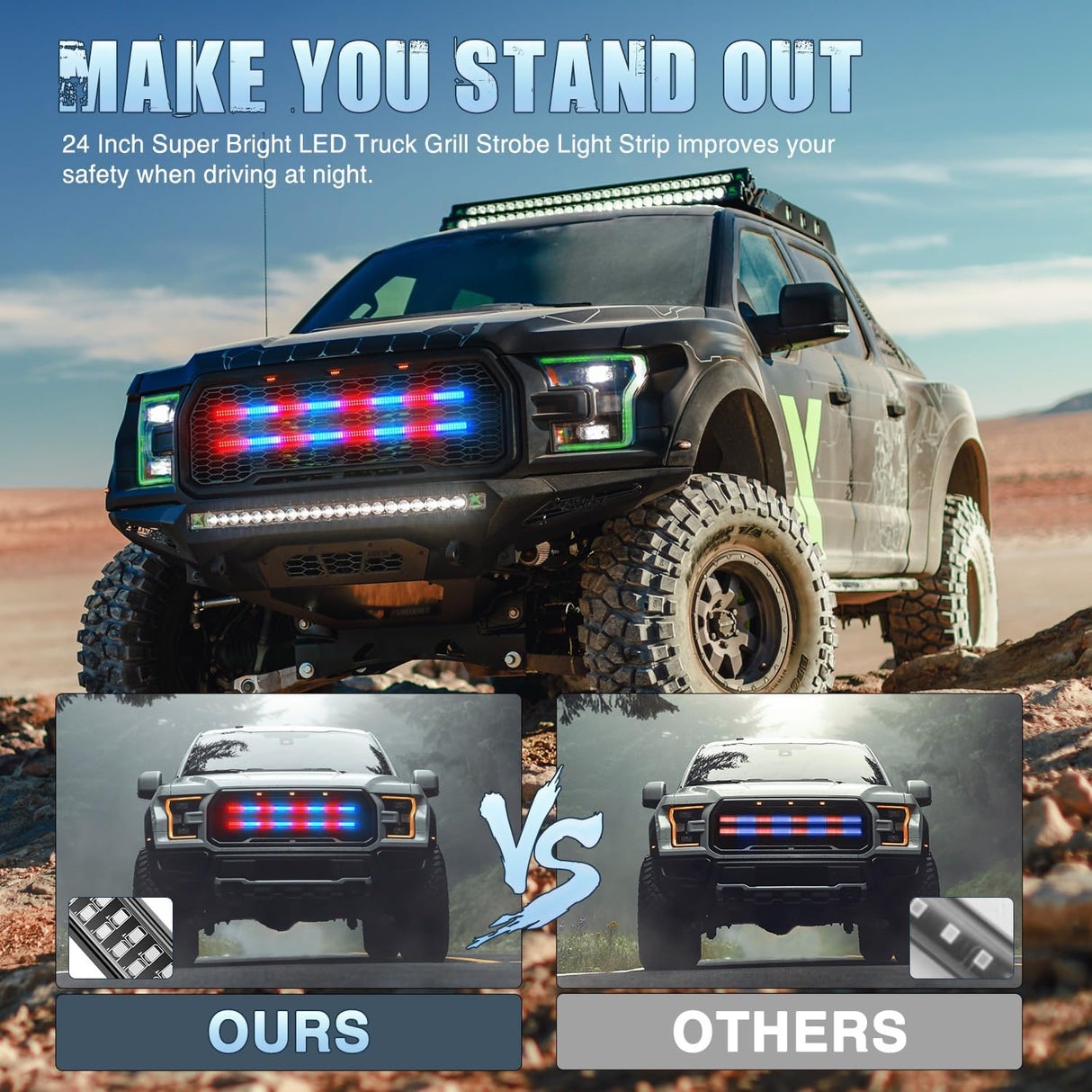 2PCS 24 inch Truck Grille Strobe Lights Strip 384 LED Emergency Light Red Blue Flexible Side Flashing Warning Caution Safety Waterproof Lighting Kit for Trucks Tow Plow Construction Vehicles