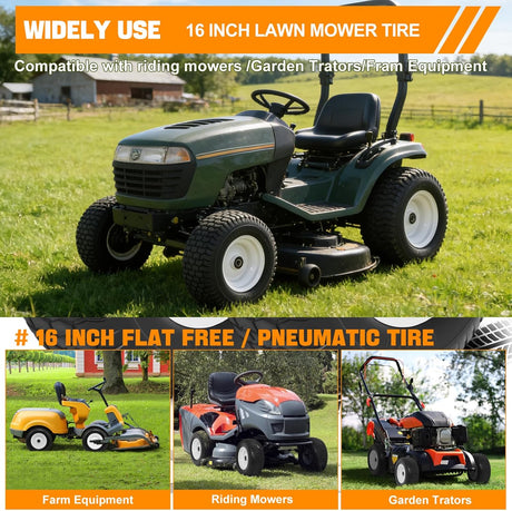 16x6.50-8 Solid Lawn Mower Tires, Flat Free Polyurethane Replacement Wheels with 1 Inch Axle Bore & 3 Inch Centered Hub, Heavy Duty Riding Mower Tire, 2 Pack