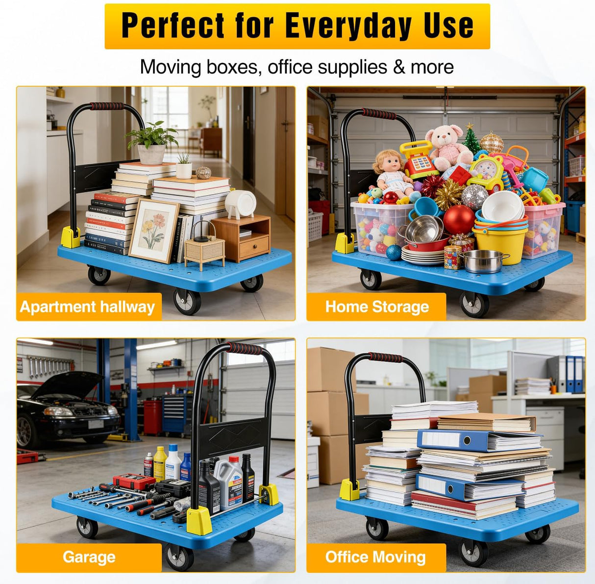 Heavy Duty Platform Cart 1100 lbs Push Cart Dolly with 5 Inch TPR Wheels 35.4 x 23.6 Inch PP Deck Flatbed Cart Platform Truck for Home Garage Warehouse Use Black