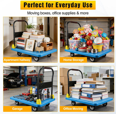 Heavy Duty Platform Cart 1100 lbs Push Cart Dolly with 5 Inch TPR Wheels 35.4 x 23.6 Inch PP Deck Flatbed Cart Platform Truck for Home Garage Warehouse Use Black