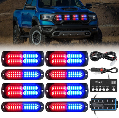 8PCS Led Strobe Lights with Controller 12V 24V Sync Feature Red Blue Light 12 24 LED Surface Mount Emergency Hazard Warning for Vehicle Car Truck RV ATV