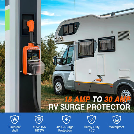 15 to 30 Amp RV Surge Protector Power Adapter 2100 Joules Voltage Monitor 5-15P to TT-30R Converter 125V/1875W Waterproof Circuit Analyzer with Extension Cord for Camper Travel Trailer