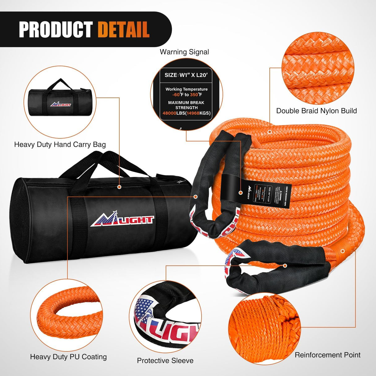 Kinetic Recovery Rope 48000 LBS 1in x 20ft Snatch Strap Heavy Duty Offroad Towing Starp Kit Vehicle Recovery kit for UTV ATV SUV Truck Car Jeep Tractor
